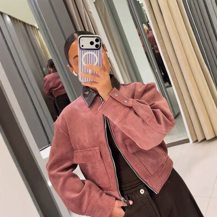 Women's Short Cord Jacket with Contrasting Leather Collar, Oversized Silhouette and Metal Zipper Amarae