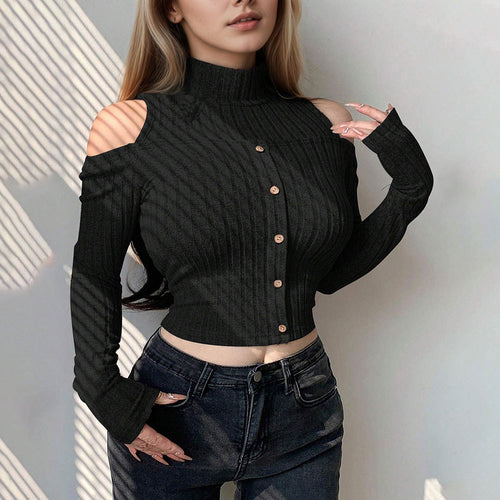 Long sleeve sweater for women, short, with off-shoulder details and button closure Chic & Stil
