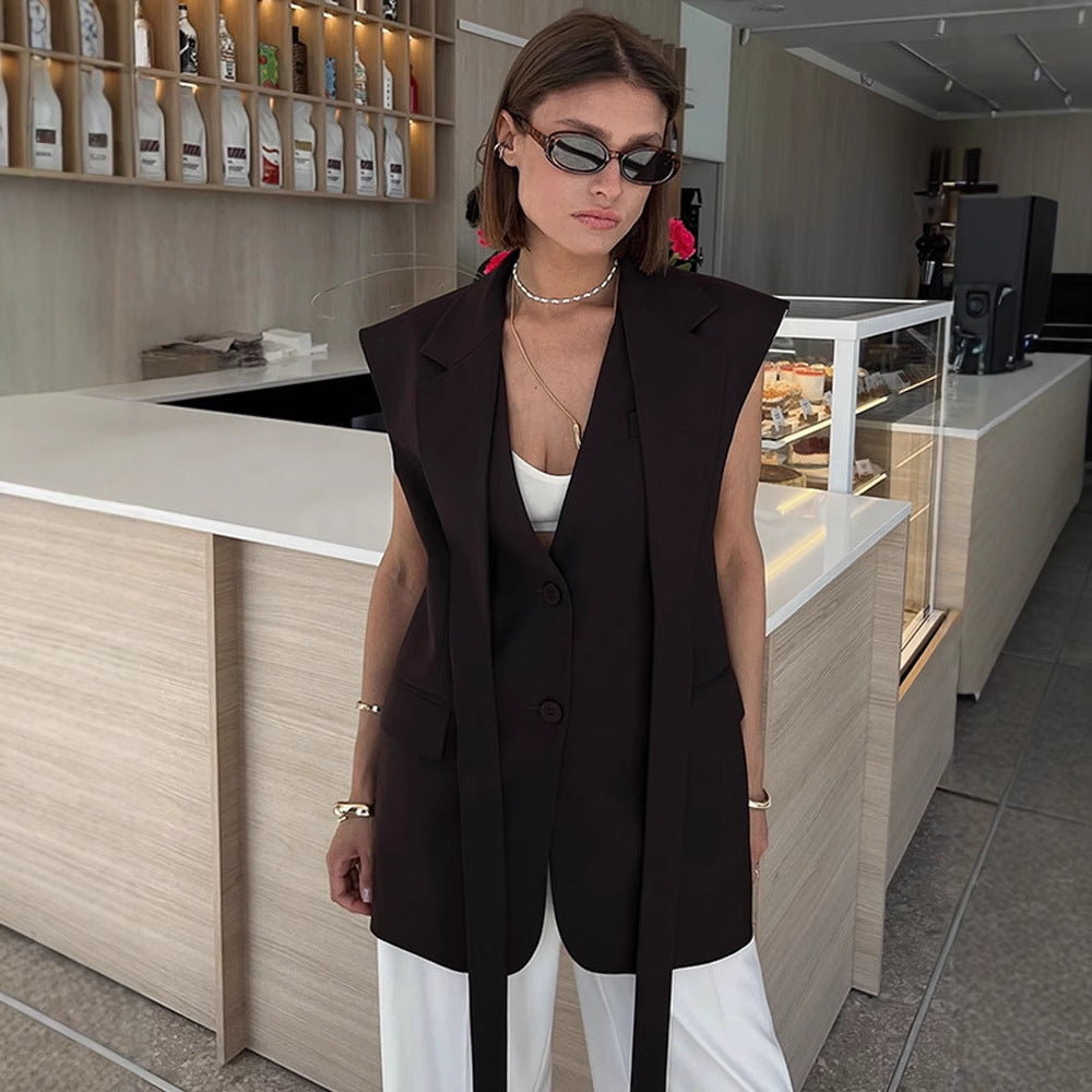 Women Sleeveless Long Blazer Vest with Structured Shoulders and Long Ties Amarae