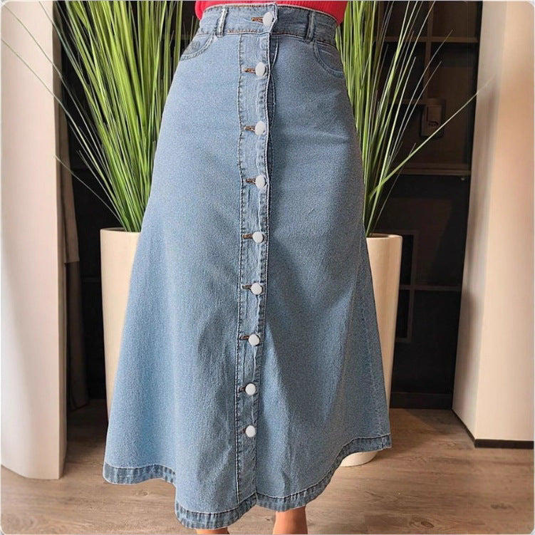 Women A-line denim mid-skirt with high-waisted waistband and continuous button placket Amarae