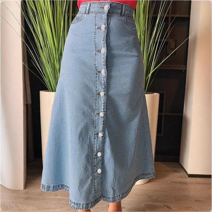 Women A-line denim mid-skirt with high-waisted waistband and continuous button placket Amarae