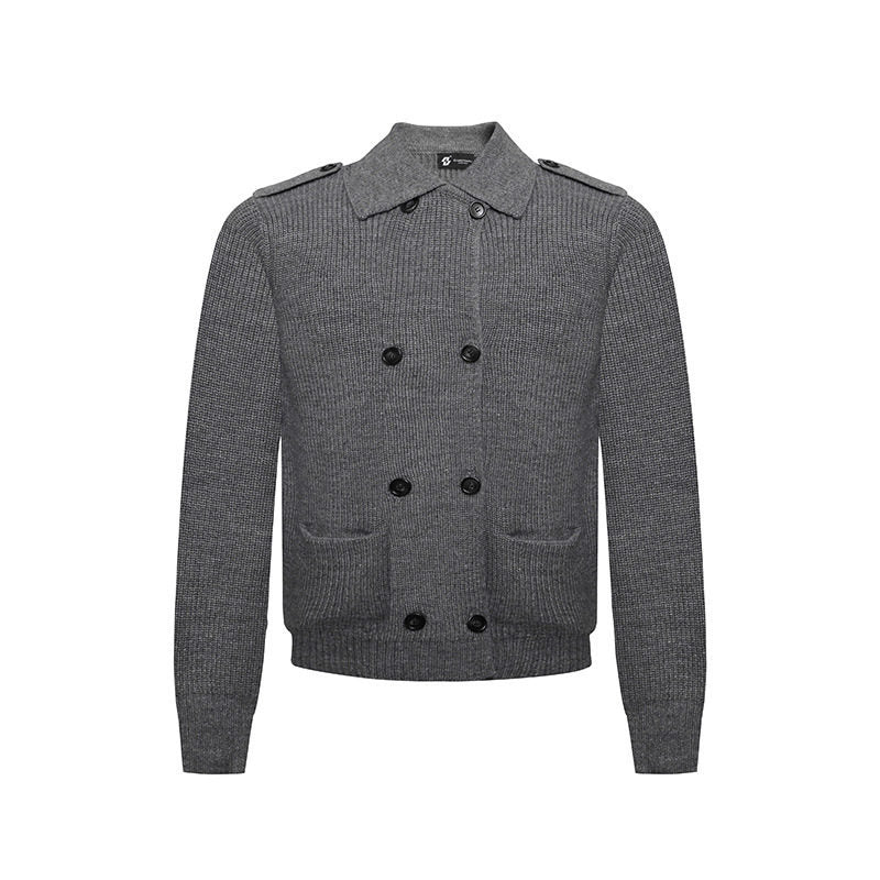 Men's knit double-breasted cardigan with collar, shoulder tabs, and welt pockets Amarae