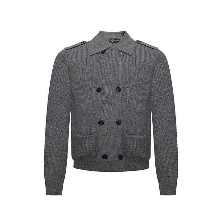 Men's knit double-breasted cardigan with collar, shoulder tabs, and welt pockets Amarae