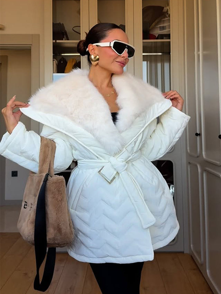 Ladies Shiny Padded Jacket with Waist Belt and Voluminous Faux Fur Collar Amarae