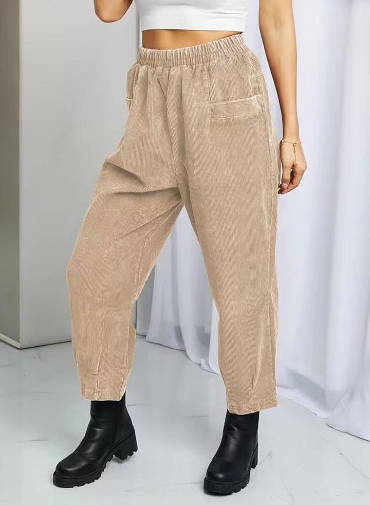 Ladies Comfortable Corduroy Leisure Pants with Elastic Waist and Pockets Lune London