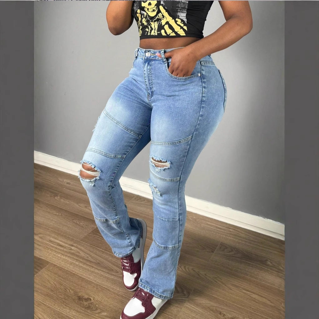 Women's jeans pants with high waist, straight leg, knee ribs and panel seams Amarae
