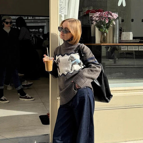Women's Oversize Turtleneck Sweater with Norwegian Intarsia and Ribbed Cuffs Amarae