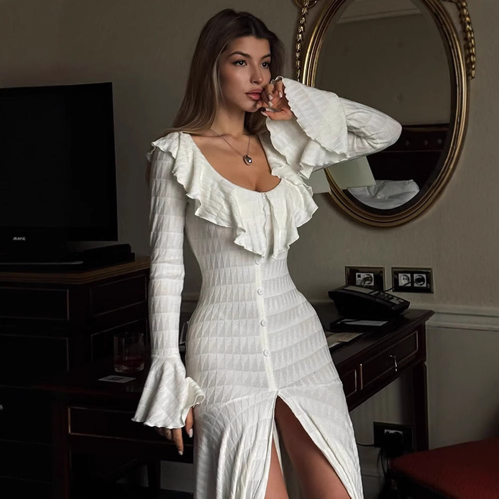 Women's Figure-Hugging Maxi Dress with Ruffle Neckline, Bell Sleeves, and Split Amarae