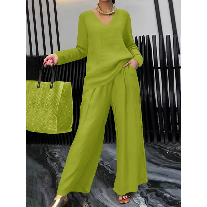 Women's Fine V-Neck Knit Sweater with Flowing Palazzo Pants Amarae
