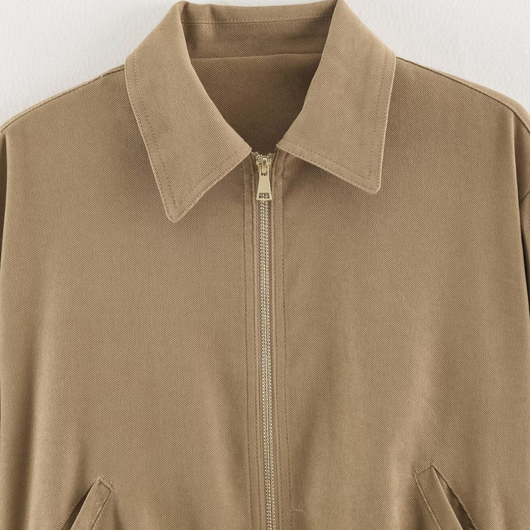 Women's Short Cut Bomber Jacket with Zipper, Shirt Collar and Elastic Hem Amarae