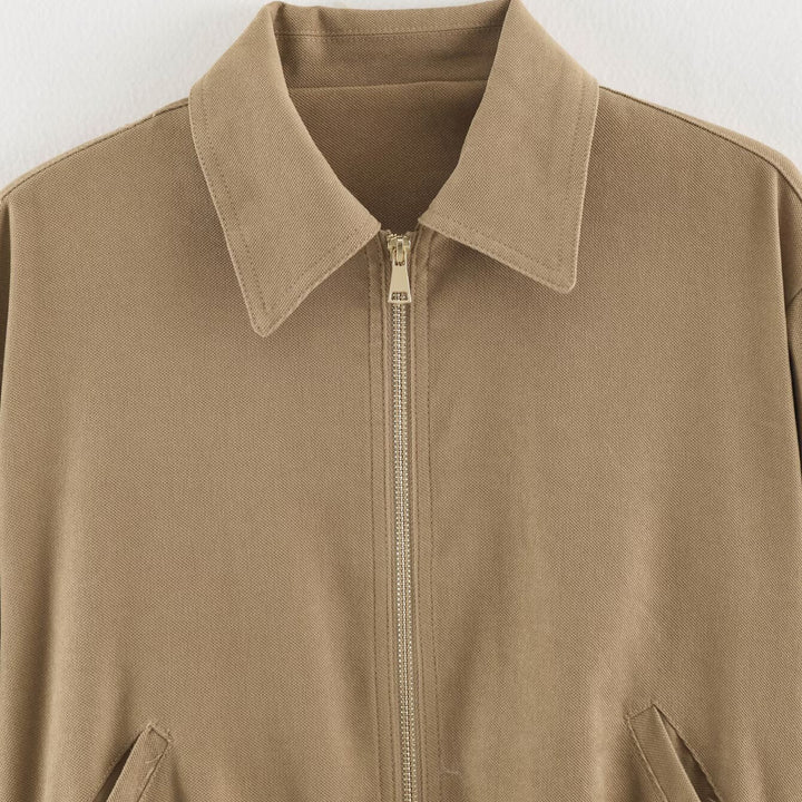 Women's Short Cut Bomber Jacket with Zipper, Shirt Collar and Elastic Hem Amarae