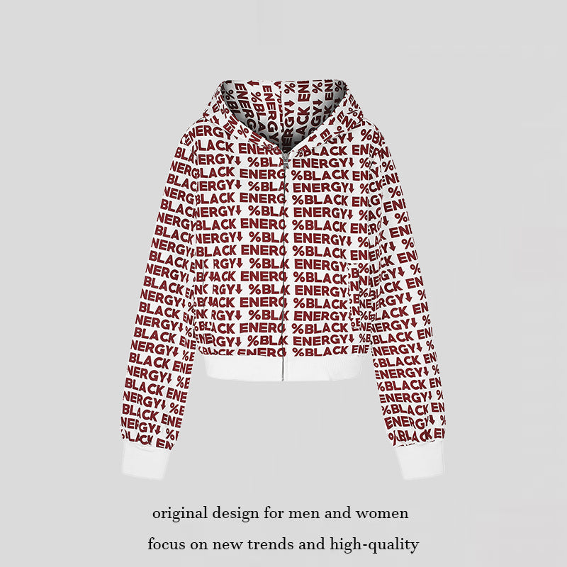 Women short zip hooded jacket with allover logo print and elastic ribbed hem Amarae