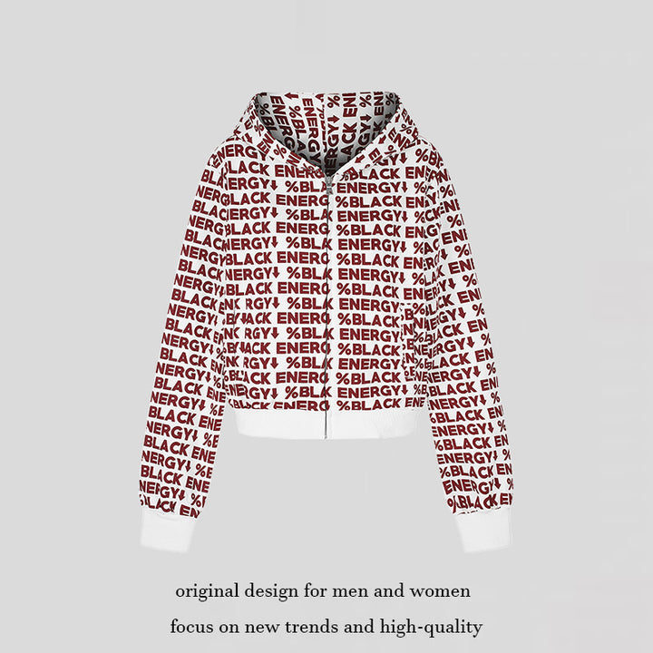 Women short zip hooded jacket with allover logo print and elastic ribbed hem Amarae