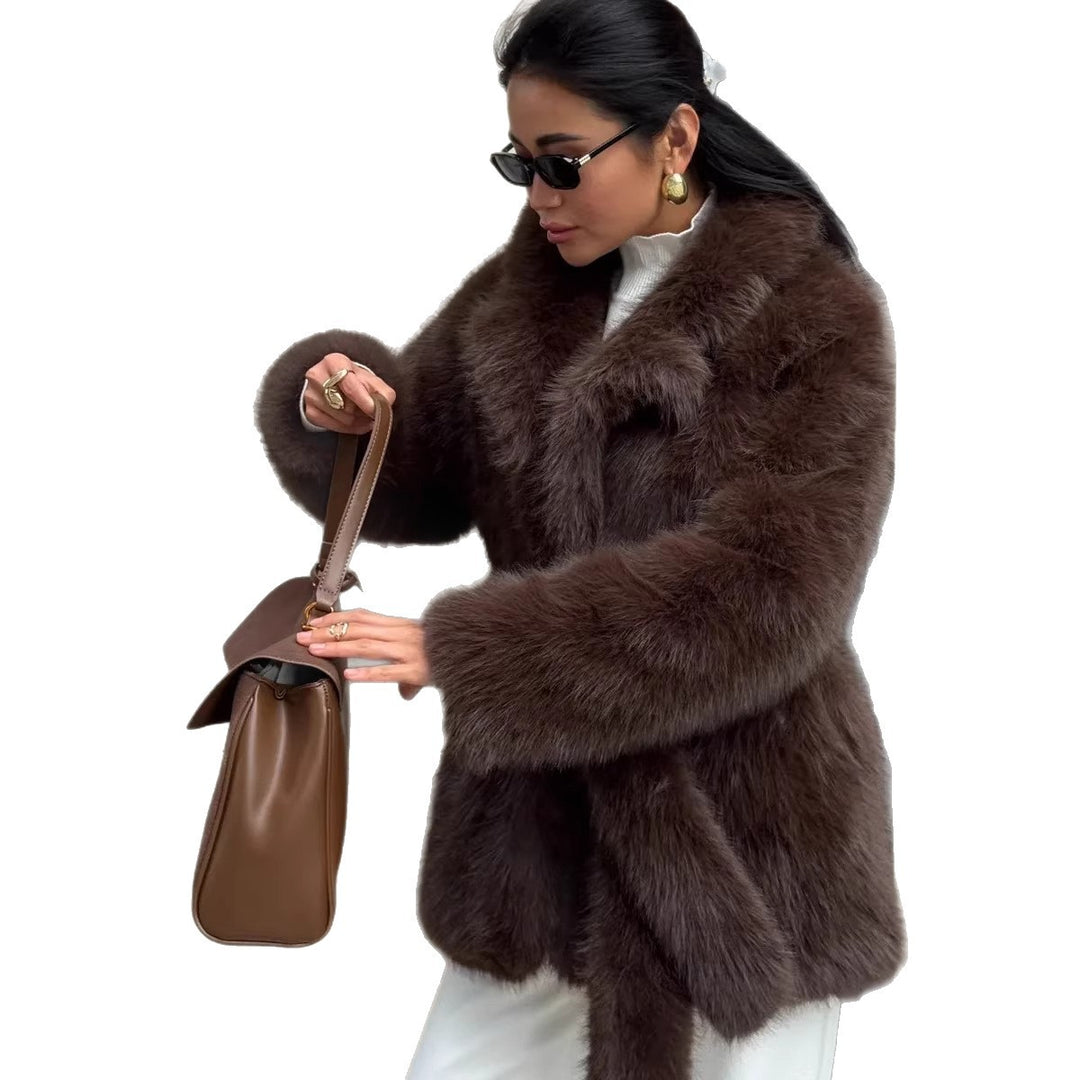 Women Boxy Short Coat made of extra fluffy high pile with wrap belt Amarae