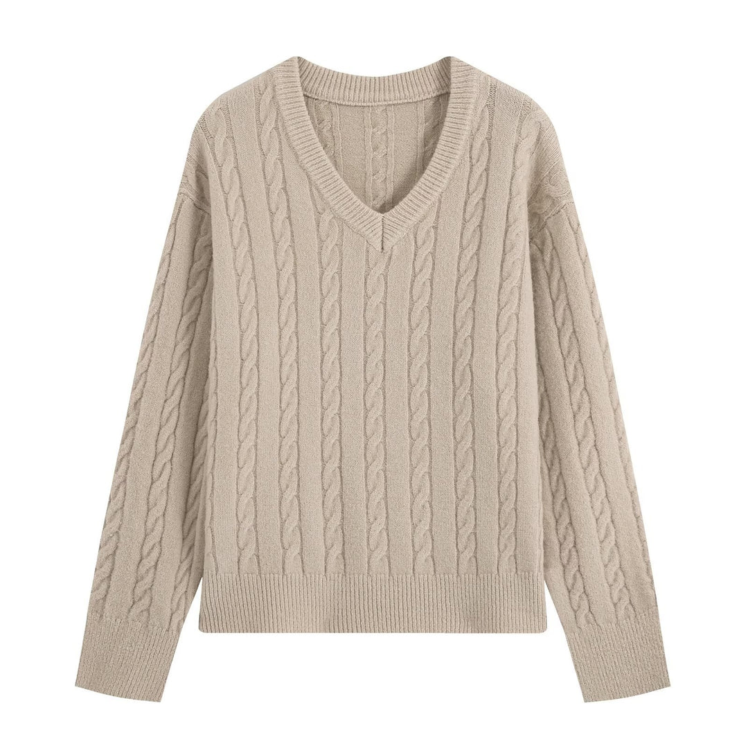 Women's Oversize Cable Knit Sweater with V-Neck and Wide Ribbed Cuff Amarae