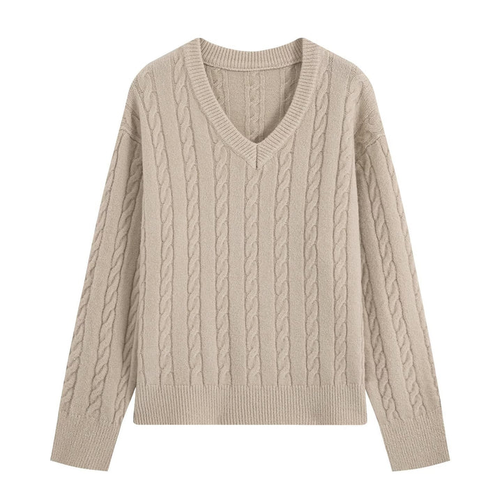 Women's Oversize Cable Knit Sweater with V-Neck and Wide Ribbed Cuff Amarae