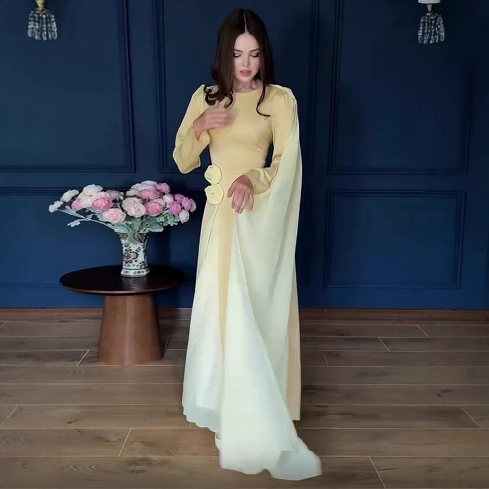 Women’s Evening Dress with Cape Sleeves, Tailored Silhouette and Decorative Flower Detail Amarae