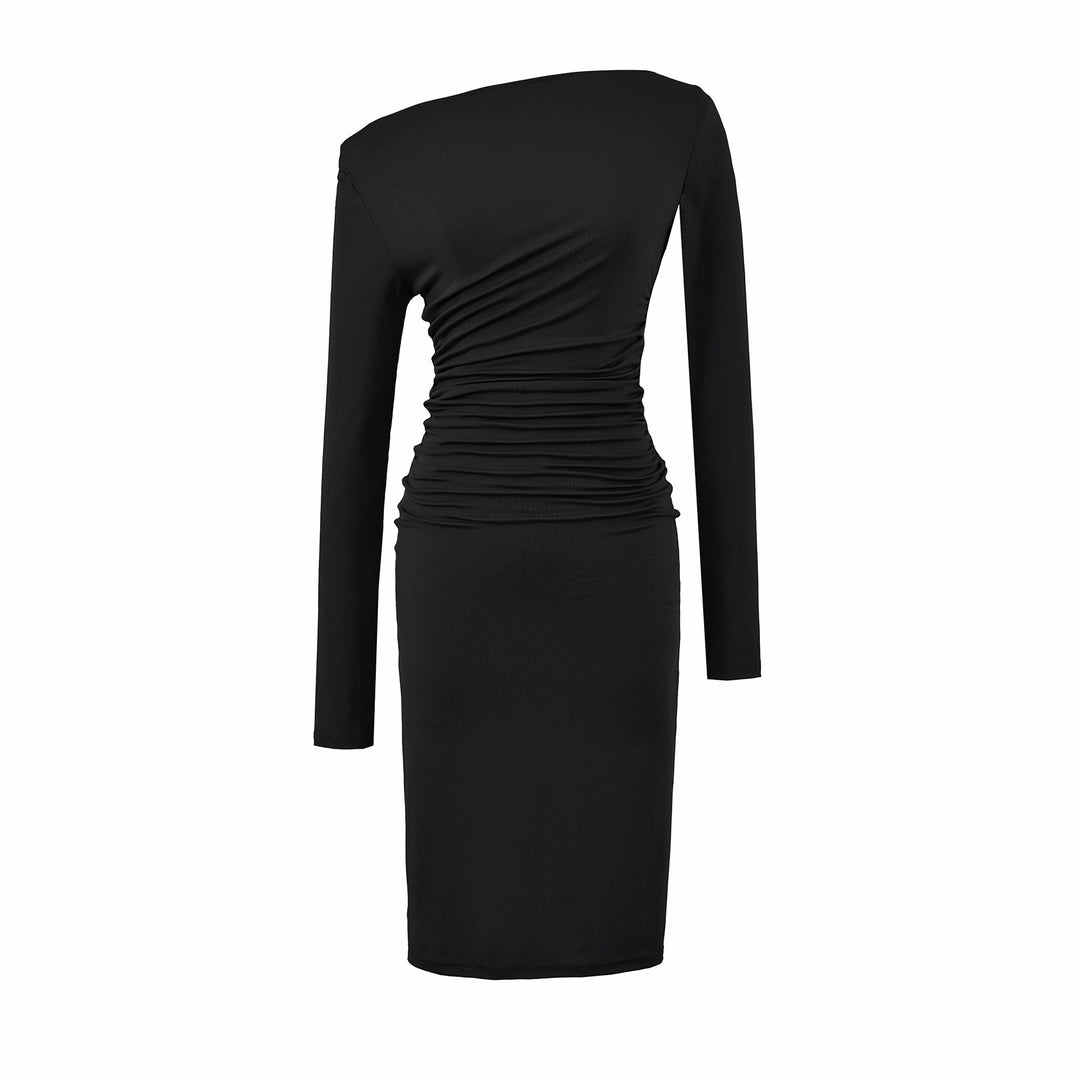 Women's Asymmetric One-Shoulder Midi Dress with Gathering and Long Sleeve Amarae