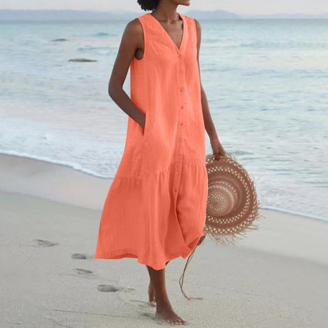 Airy maxi dress for women with button placket and practical pockets Lune London