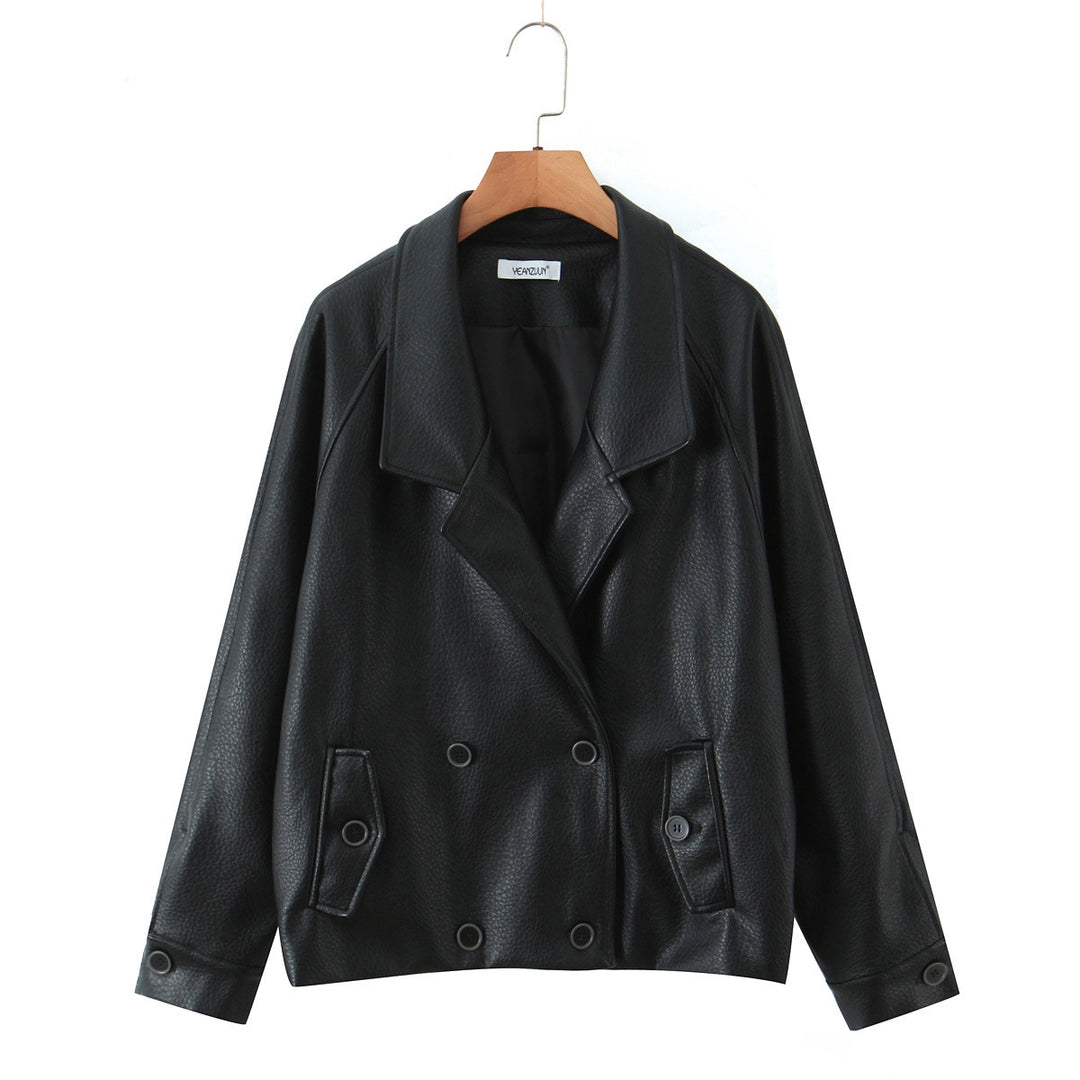 Faux leather jacket for women with double row of buttons and large lapels Lune London