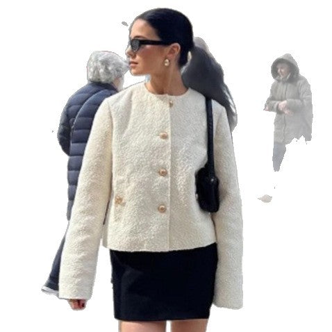 Women's Boucle Jacket with Gold-Embellished Buttons and Boxy Cropped Cut Amarae