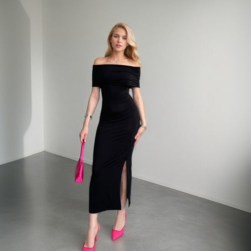 Robe maxi pour femmes avec une coupe hors-épaule et une fente élégante Chic & Stil