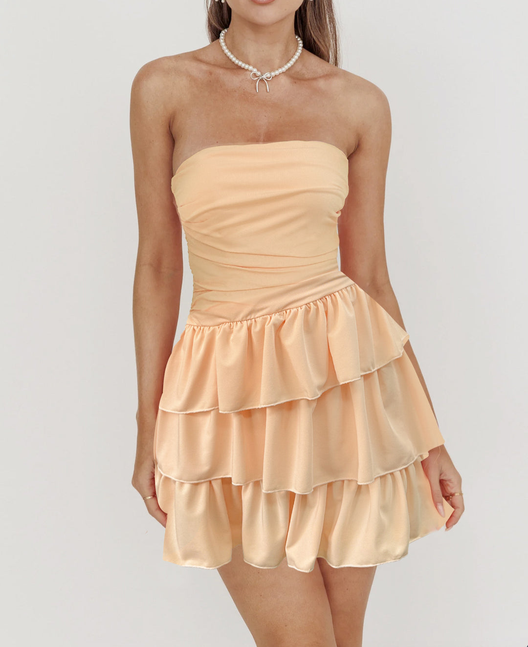 Women Strapless Ruffled Dress with Voluminous Skirt Lune London
