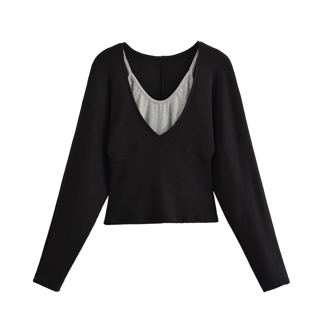 Women's Layered Look Long Sleeve Shirt with Deep V-Neck and Integrated Camisole Amarae