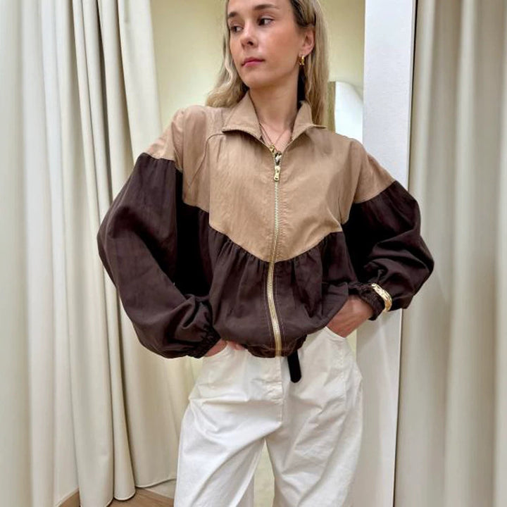 Women's short cut multicolored bomber jacket with drawstring, raglan sleeves, and zipper Amarae
