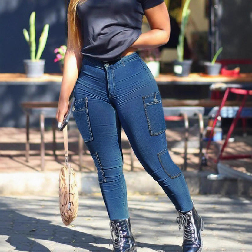 Women's High-Waisted Sculpting Skinny Jeans with Flat Cargo Pockets and Shaping Waistband Amarae