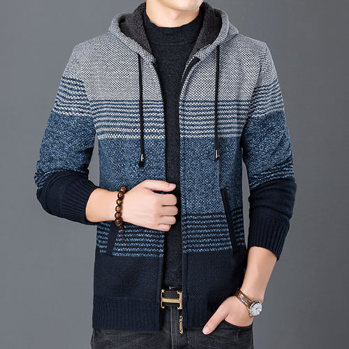 Men's knitted jacket with hood and modern stripes