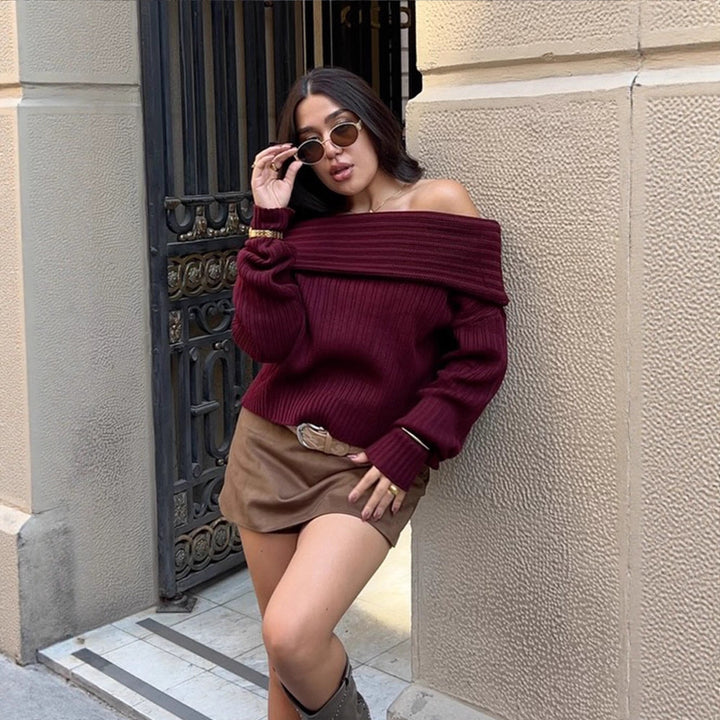 Women Off-Shoulder Ribbed Knit Sweater with Wide Folded Collar Amarae