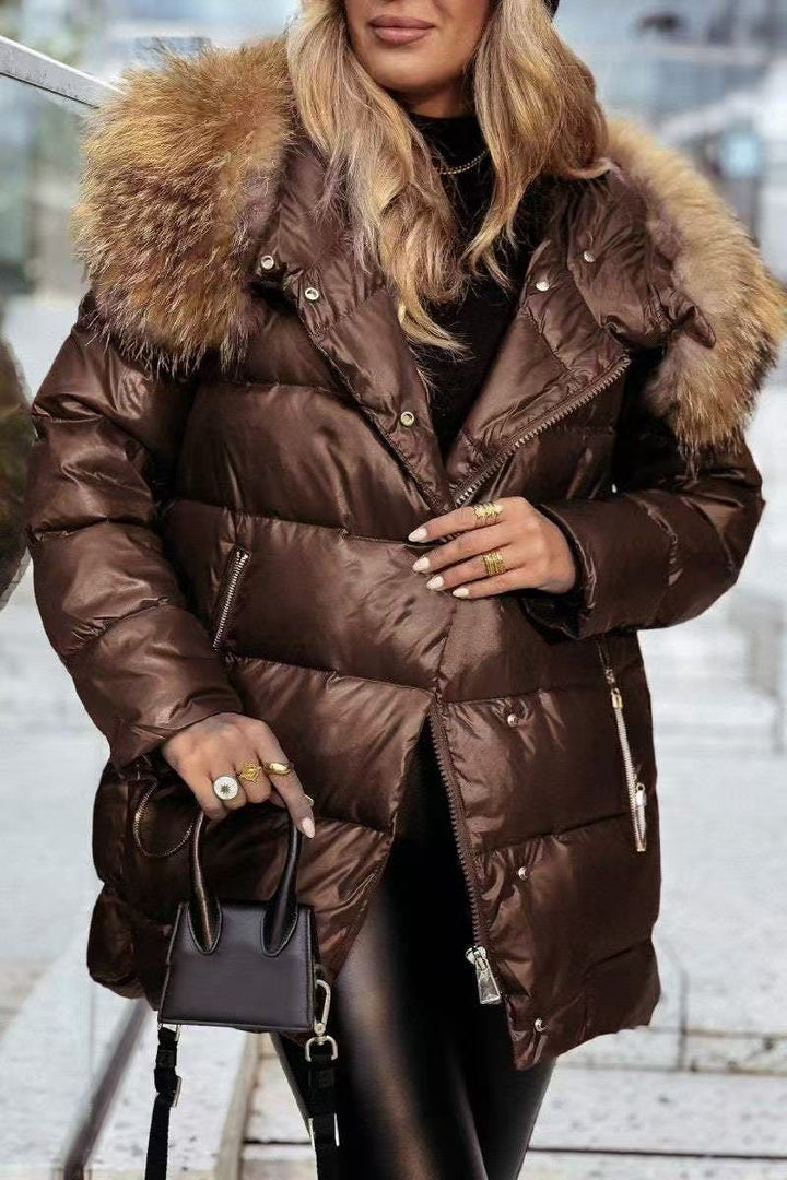 Ladies Long Down Jacket with Removable Faux Fur Collar Lune London