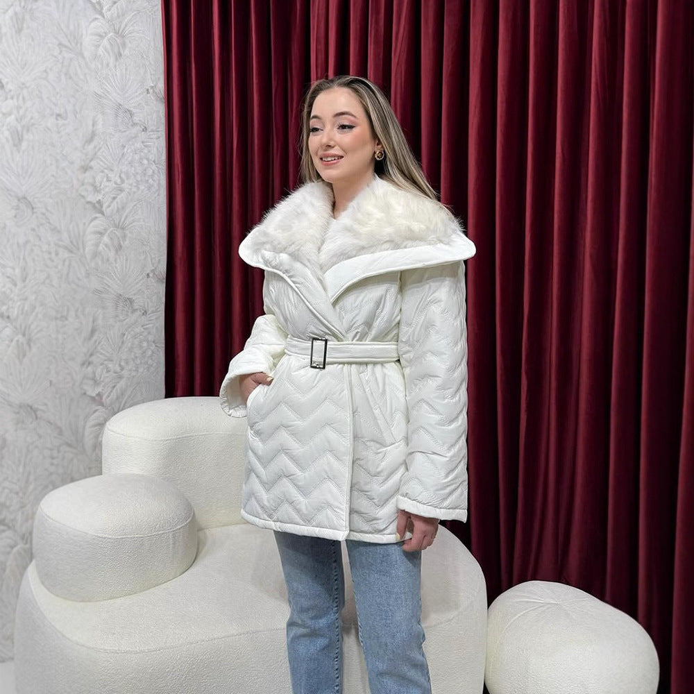 Ladies Shiny Padded Jacket with Waist Belt and Voluminous Faux Fur Collar Amarae