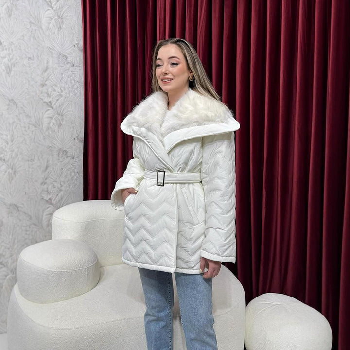 Ladies Shiny Padded Jacket with Waist Belt and Voluminous Faux Fur Collar Amarae