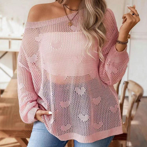 Ladies Oversized Knit Pullover with Heart Pattern and Chic Airy Structure
