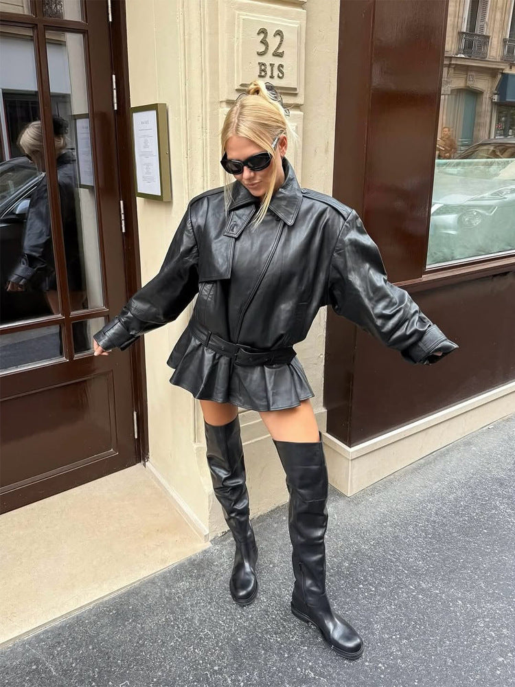 Ladies Oversize Leather Jacket with Tailoring Tie Belt and Ruffle Hem Amarae