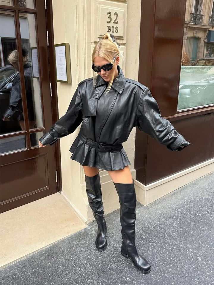 Ladies Oversize Leather Jacket with Tailoring Tie Belt and Ruffle Hem Amarae