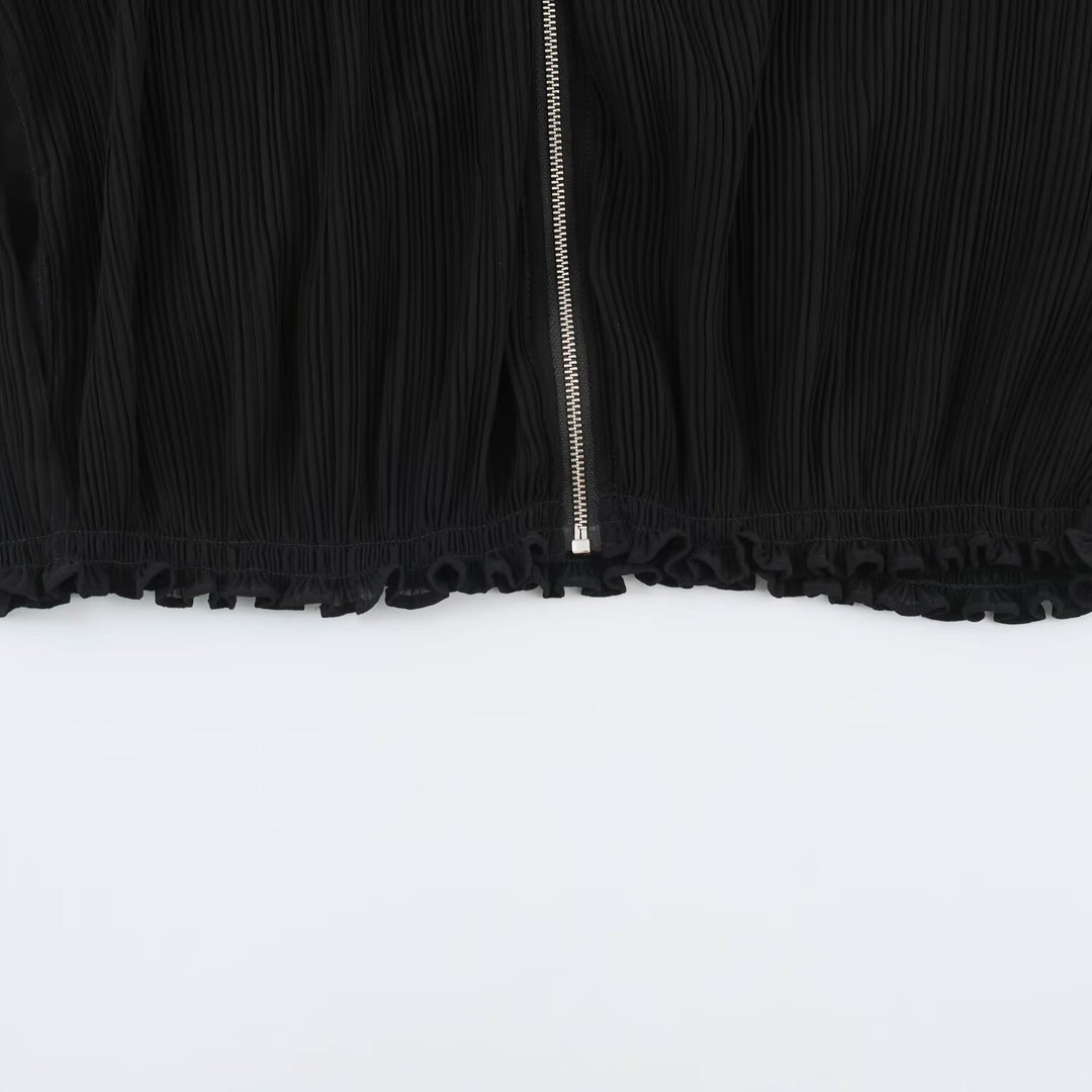 Women's pleated bomber jacket with balloon sleeves, full-length zipper and ruffled hem Amarae