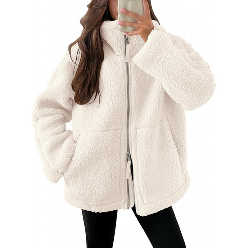 Ladies Teddy Fur Jacket with Large Collar and Zipper Amarae