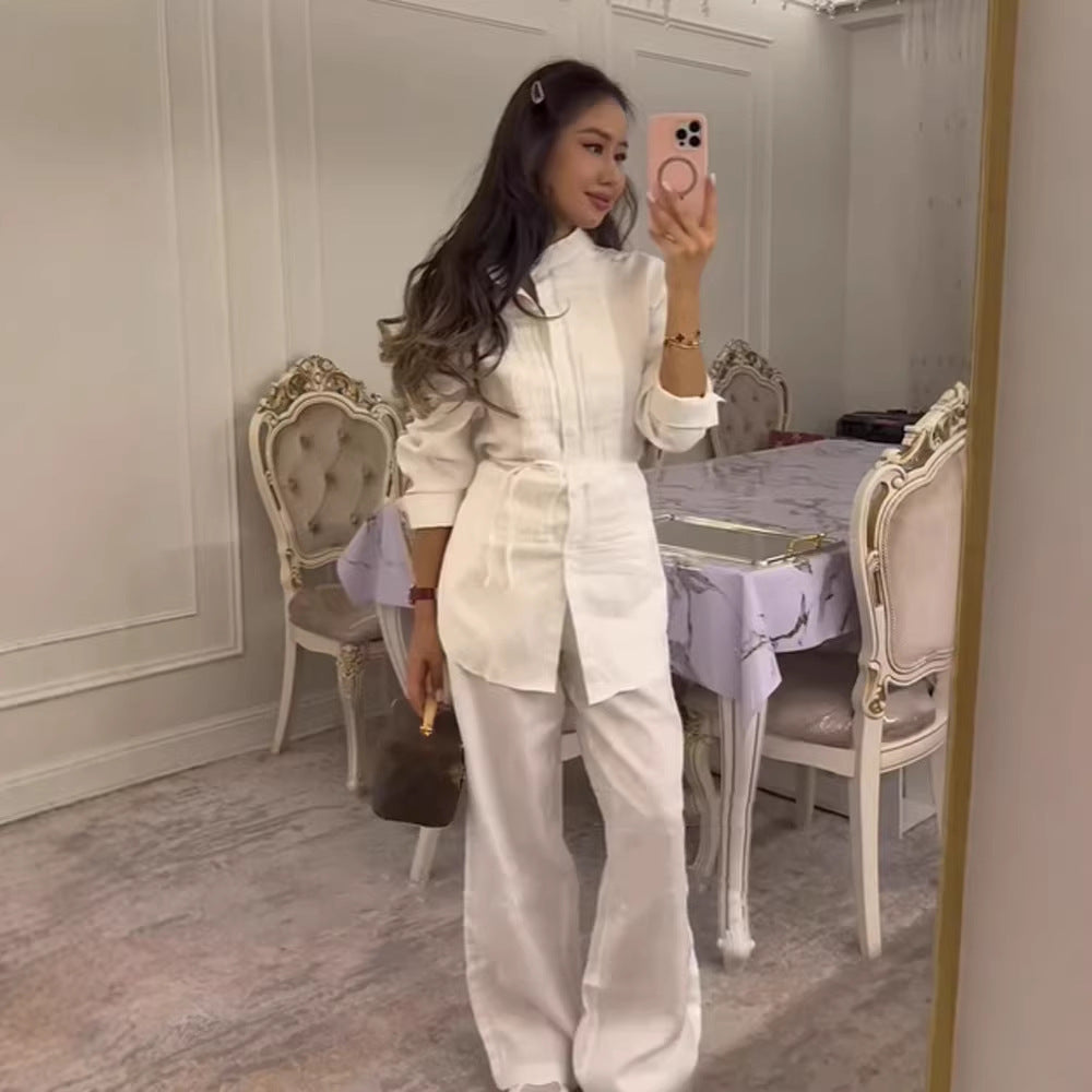 Women Long Shirt Blouse with Fine Pleats, Stand Collar and Tied Belt Amarae