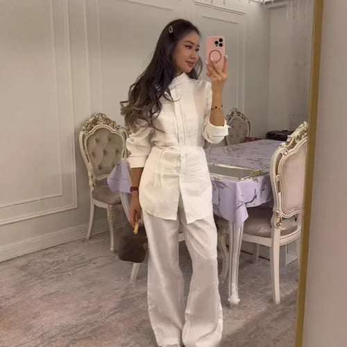 Women Long Shirt Blouse with Fine Pleats, Stand Collar and Tied Belt Amarae