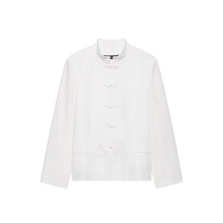 Women's Boxy Short Jacket with Stand-up Collar, Decorative Knot Closures and Welt Pockets Amarae