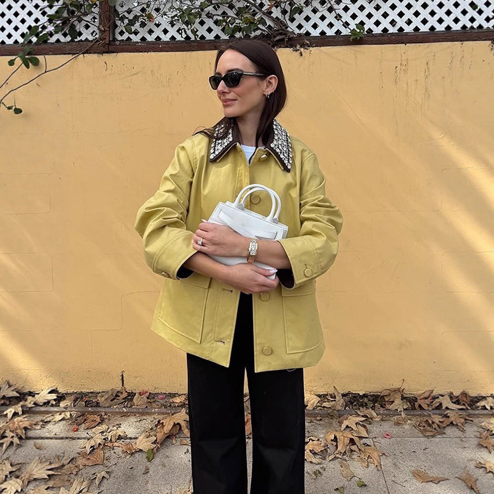 Women's Boxy Transitional Jacket with Embellished Decorative Collar and Patch Pockets Amarae