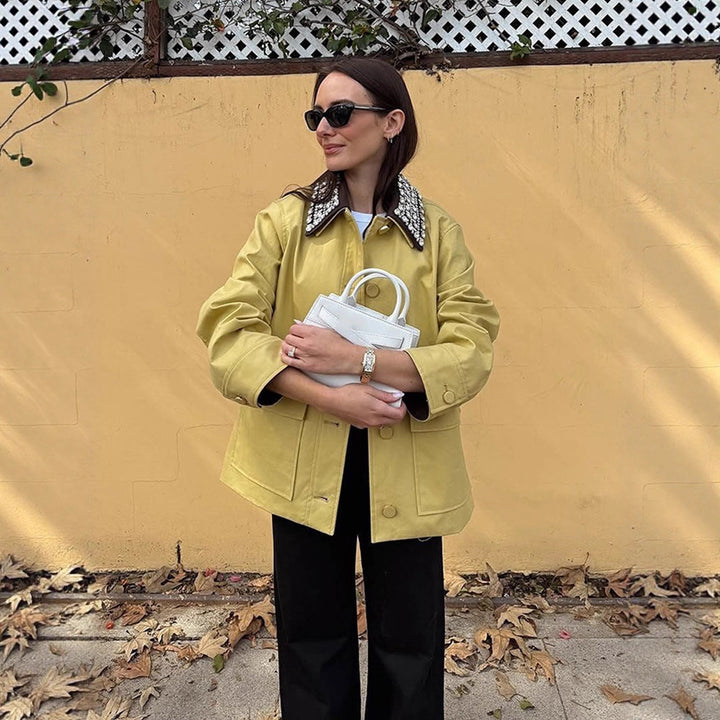 Women's Boxy Transitional Jacket with Embellished Decorative Collar and Patch Pockets Amarae