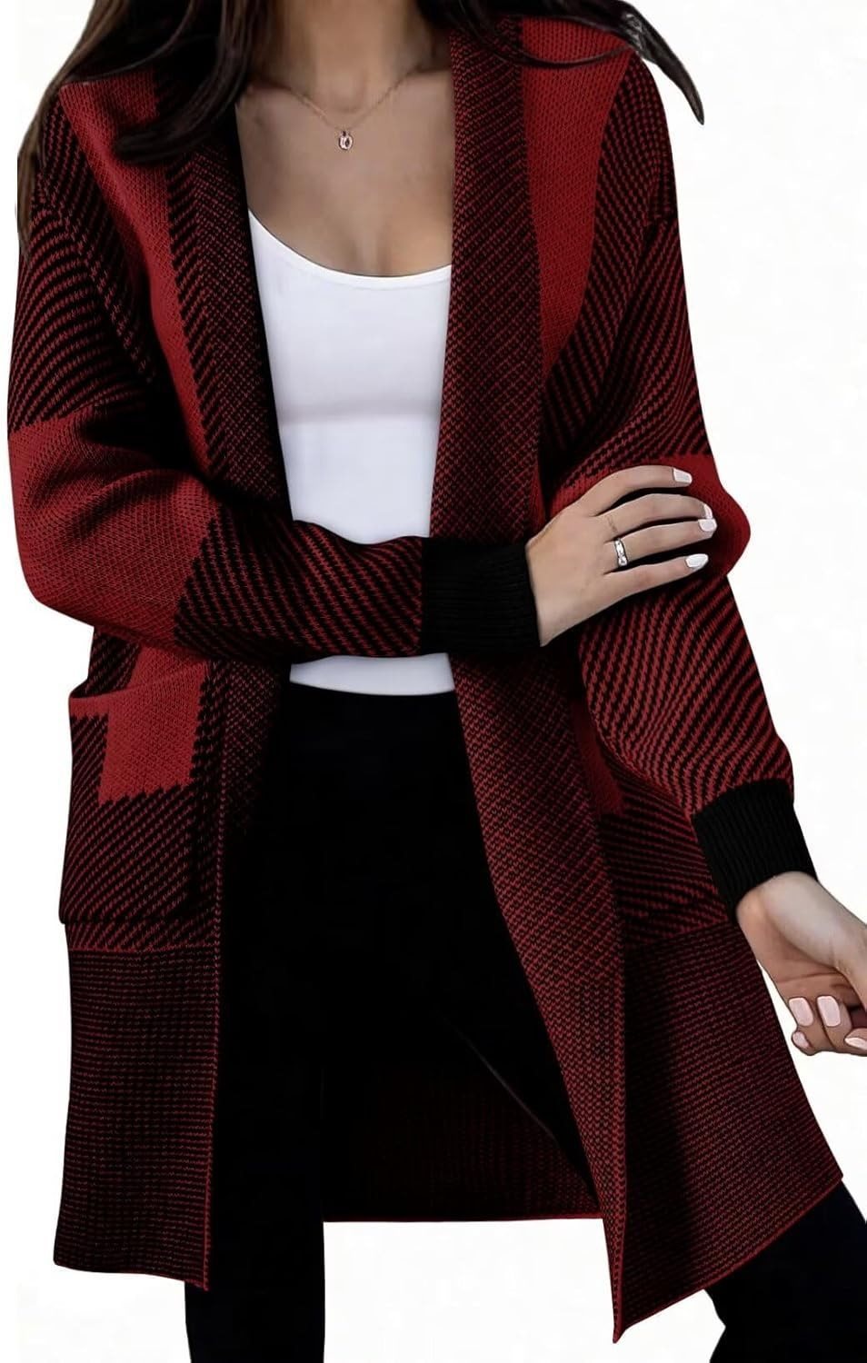 Ladies long knit cardigan with textured pattern and patch pockets Lune London