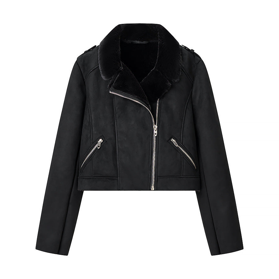 Women's short-cut biker jacket with teddy lining and wide lapel collar Amarae