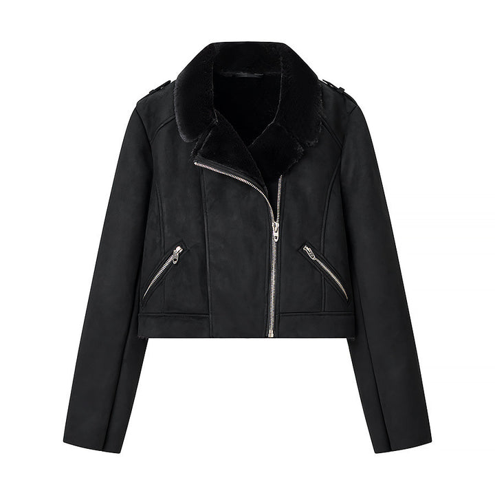 Women's short-cut biker jacket with teddy lining and wide lapel collar Amarae