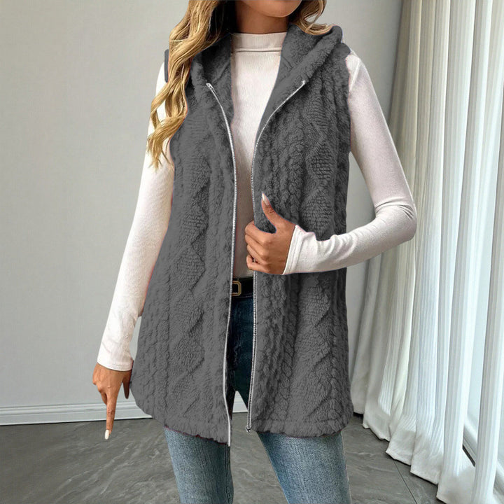 Women's Hooded Teddy Vest with Zipper and Structured Knit Look Amarae