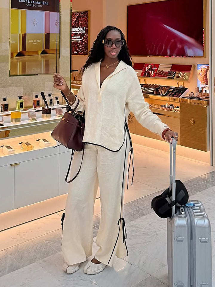 Women Lightweight Linen Loungewear Set with Wide Leg, Shirt Collar & Contrast Piping Amarae